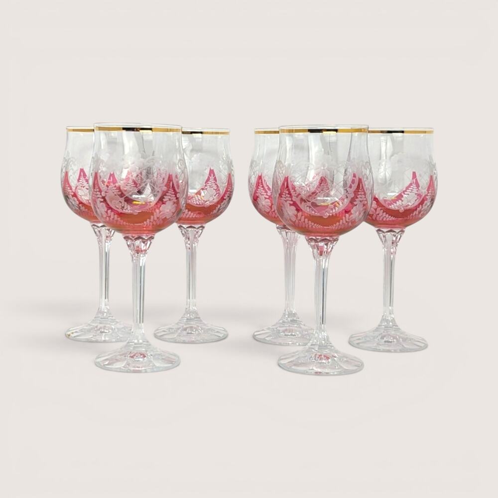 Vintage Set of 6 Cranberry Cut to Clear Wine Glasses
